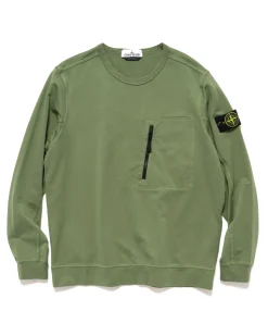 Stone Island Cotton Stretch Fleece Zip Pocket Crewneck Sweater Sage>Men Sweaters