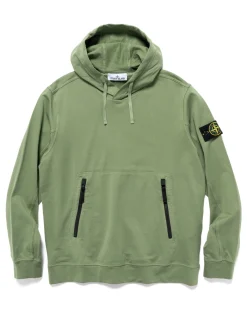 Stone Island Cotton Stretch Fleece Zip Pocket Pullover Hooded Sweater Sage>Men Sweaters