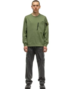 Stone Island Cotton Stretch Fleece Zip Pocket Crewneck Sweater Sage>Men Sweaters
