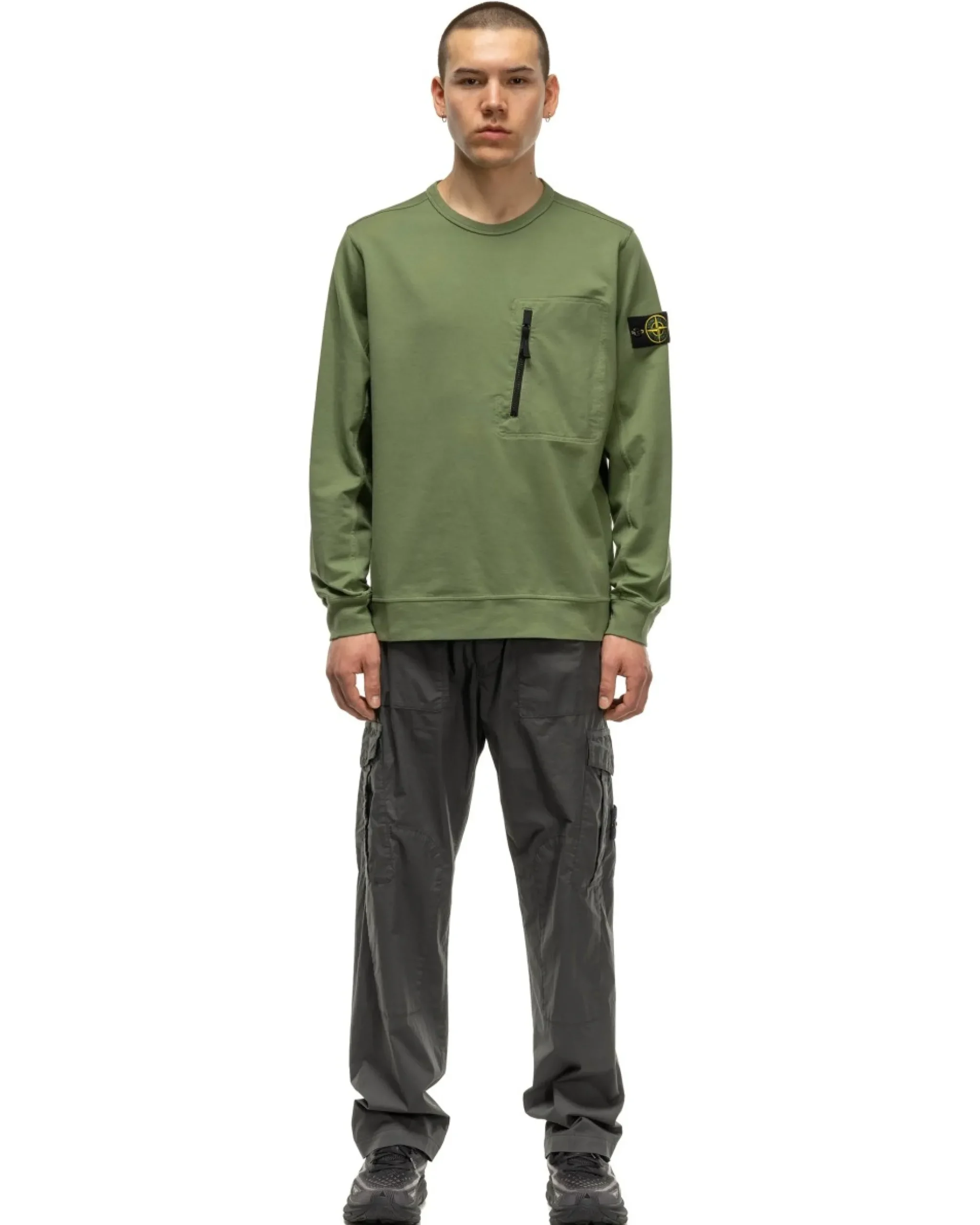 Stone Island Cotton Stretch Fleece Zip Pocket Crewneck Sweater Sage>Men Sweaters