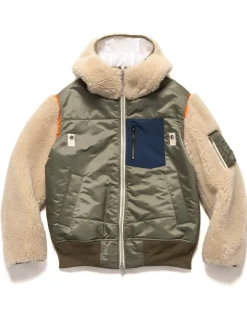 sacai Faux Shearling X Nylon Twill Blouson Khaki/Ecru>Men Outerwear