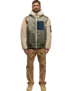 sacai Faux Shearling X Nylon Twill Blouson Khaki/Ecru>Men Outerwear