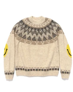 KAPITAL 5G Wool Nordic Smilie Patch Raglan Sweater Ecru>Men Sweaters