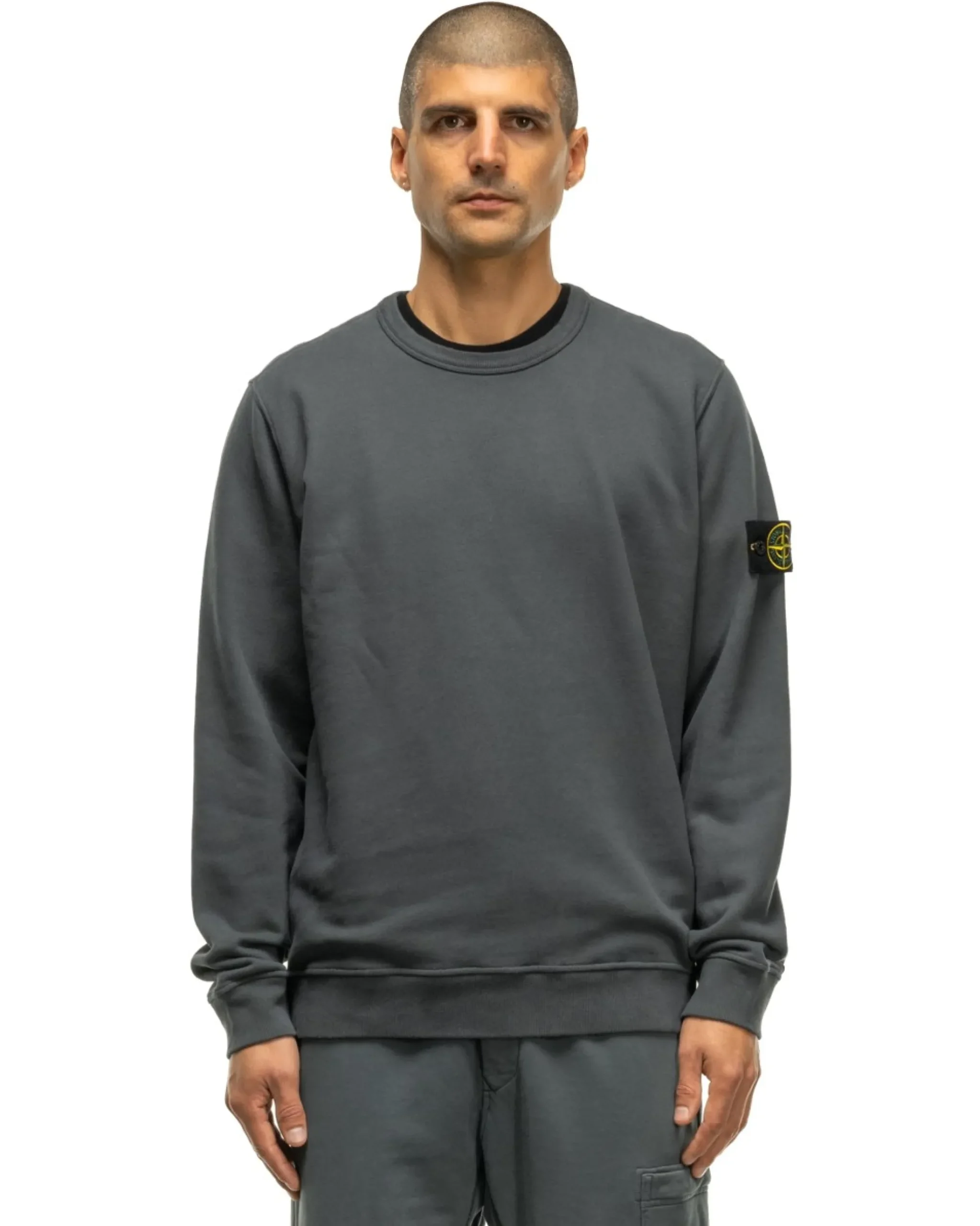 Stone Island Garment Dyed Brushed Cotton Fleece Crewneck Lead Grey>Men Sweaters