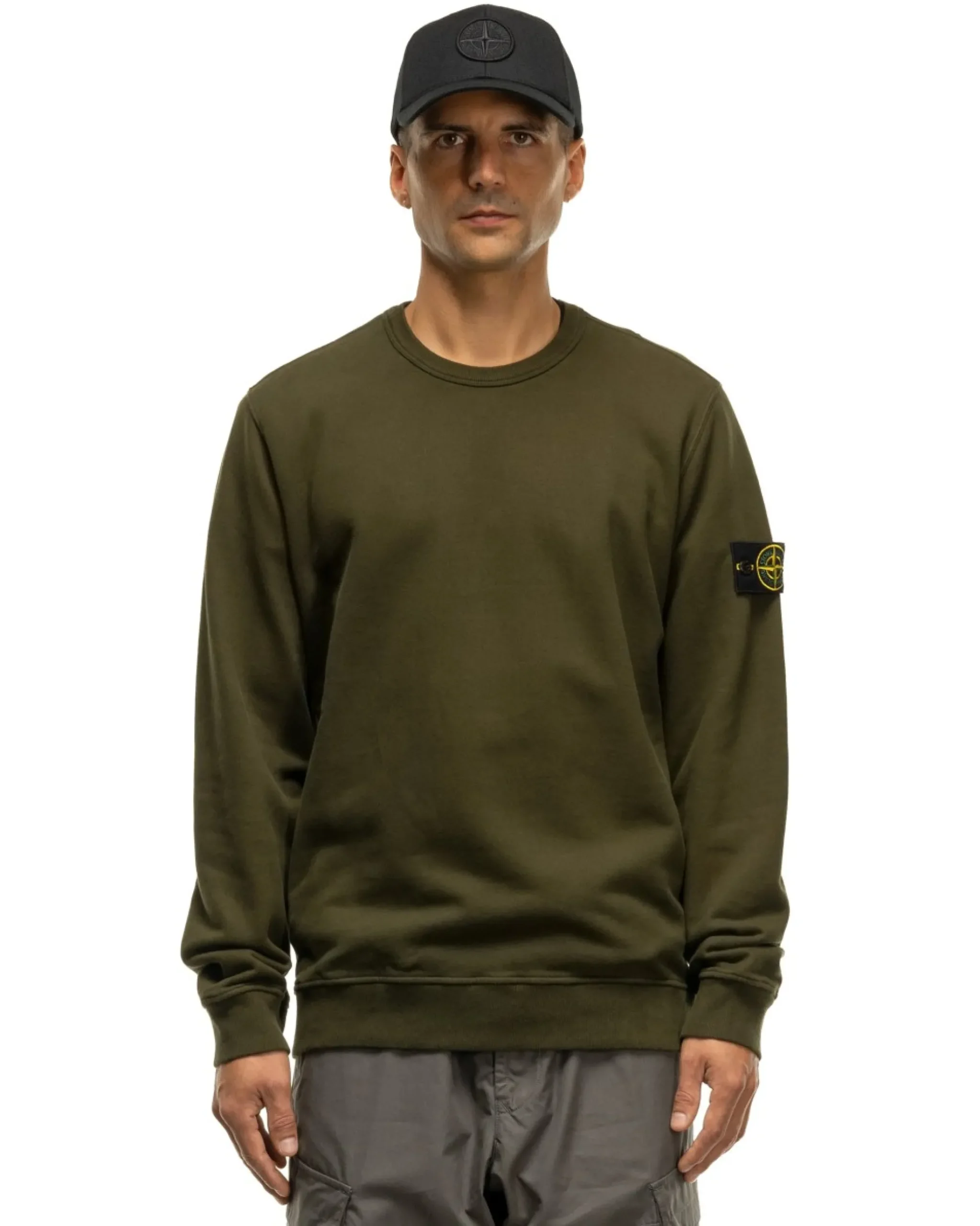 Stone Island Garment Dyed Brushed Cotton Fleece Crewneck Olive>Men Sweaters