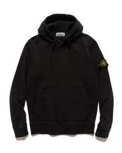 Stone Island Garment Dyed Cotton Fleece Hoodie Black>Men Sweaters