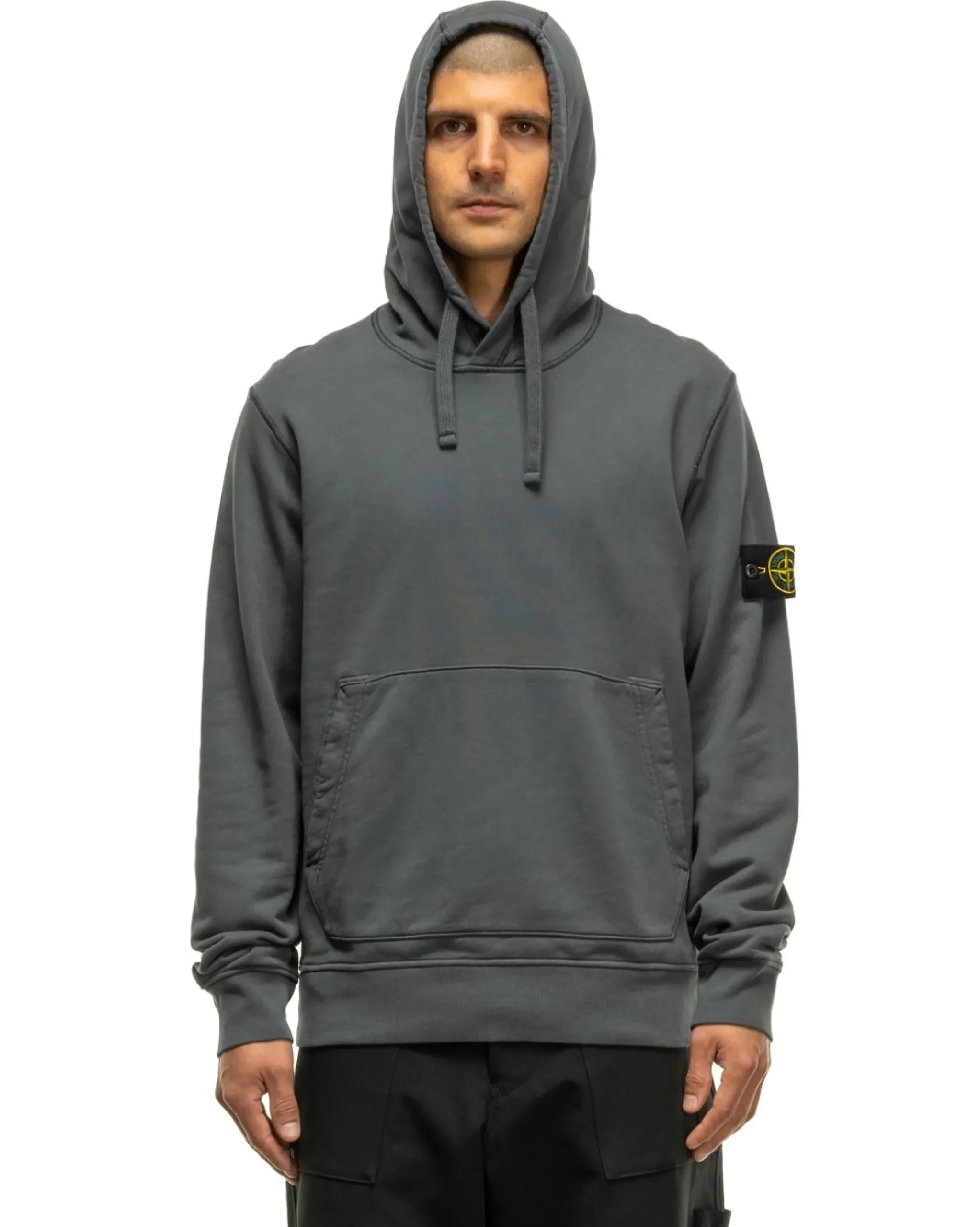 Stone Island Garment Dyed Cotton Fleece Hoodie Lead Grey>Men Sweaters