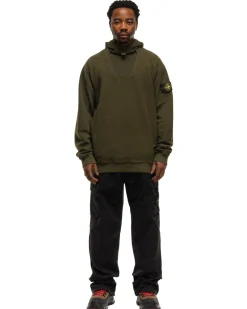 Stone Island Gauzed Cotton Nylon Fleece Hooded Sweatshirt Olive>Men Sweaters
